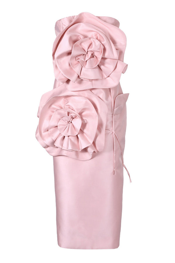 Bloom Rosette Applique Strapless Lace Up Bodycon Satin Cocktail Midi Dress