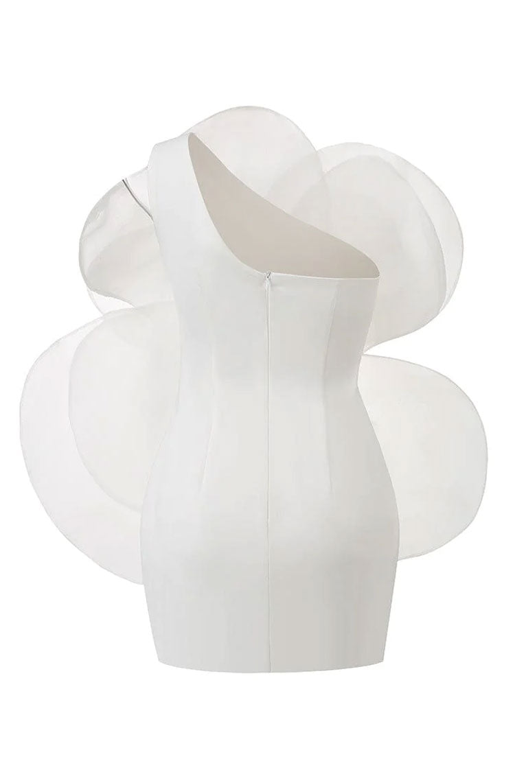 Blooming Rosette Applique One Shoulder Silky Satin Party Mini Dress - White