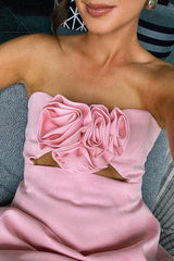 Blooming Rosette Embellished Cutout Fit & Flare Strapless Party Mini Dress - Pink