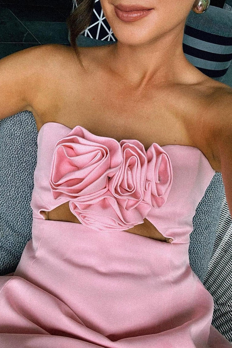 Blooming Rosette Embellished Cutout Fit & Flare Strapless Party Mini Dress - Pink