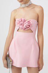 Blooming Rosette Embellished Cutout Fit & Flare Strapless Party Mini Dress - Pink