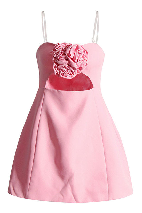 Blooming Rosette Embellished Cutout Fit & Flare Strapless Party Mini Dress - Pink