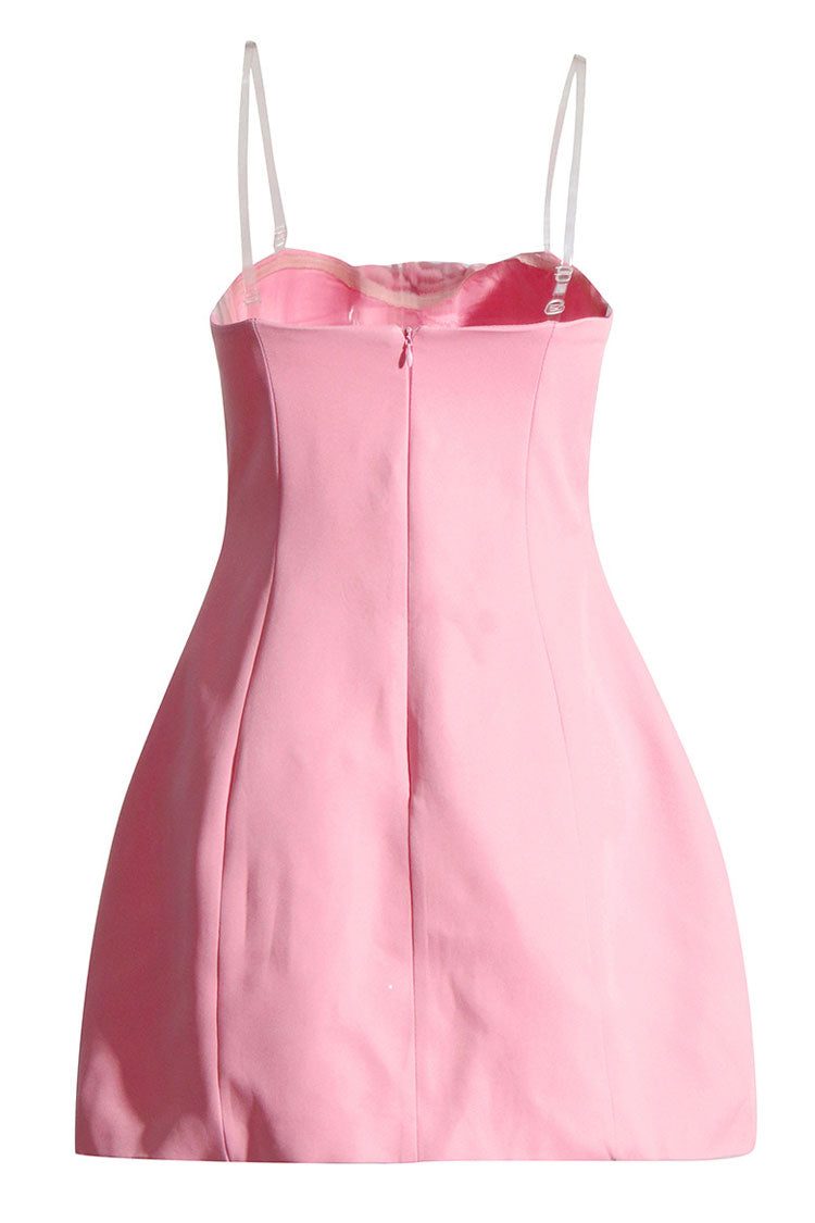 Blooming Rosette Embellished Cutout Fit & Flare Strapless Party Mini Dress - Pink