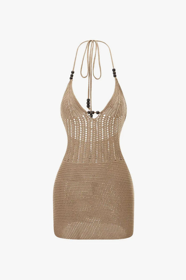 Boho Beaded Halter Tie Backless Crochet Knit Beach Vacation Mini Dress