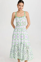 Boho Chic Button Up Floral Broderie Anglaise Ruffle Midi Sundress - Green