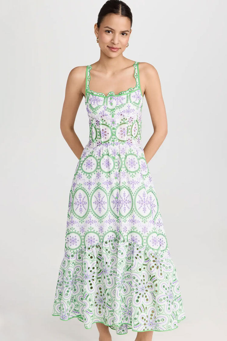 Boho Chic Button Up Floral Broderie Anglaise Ruffle Midi Sundress - Green