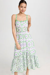 Boho Chic Button Up Floral Broderie Anglaise Ruffle Midi Sundress - Green