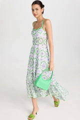 Boho Chic Button Up Floral Broderie Anglaise Ruffle Midi Sundress - Green
