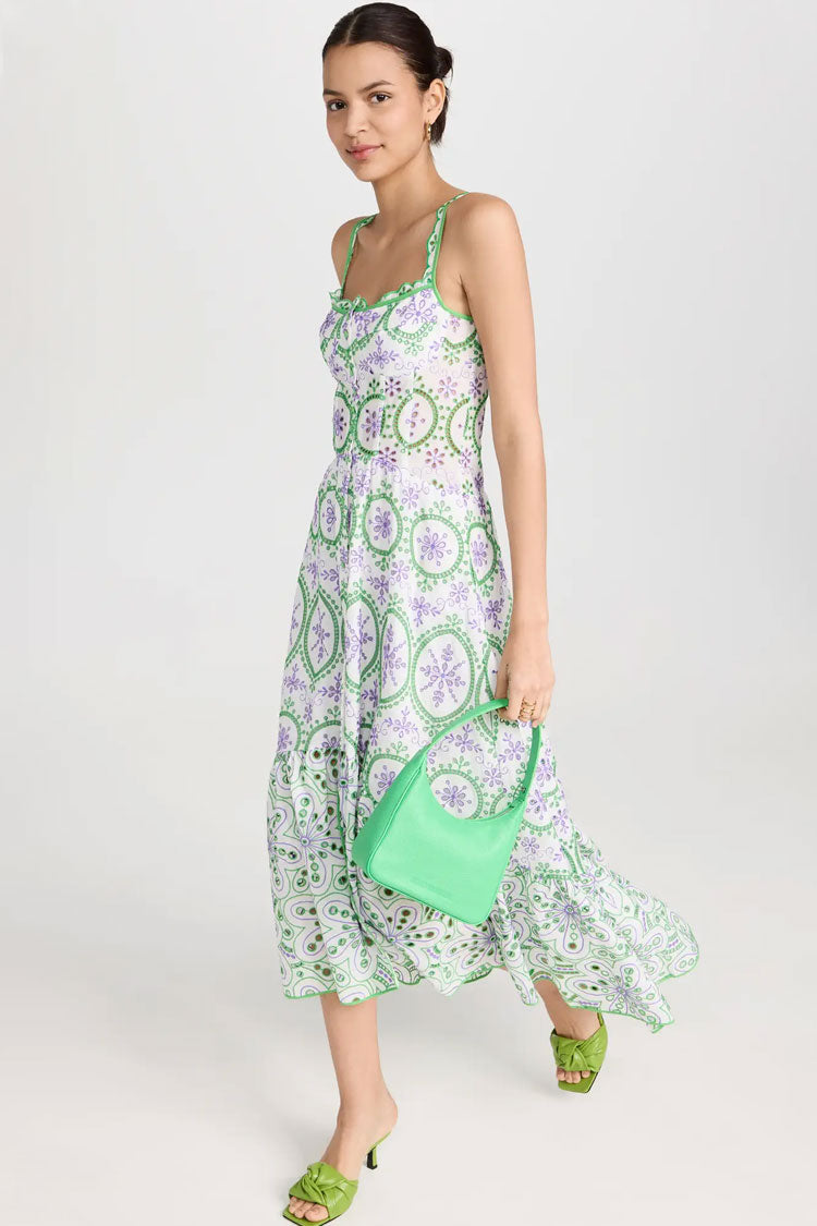 Boho Chic Button Up Floral Broderie Anglaise Ruffle Midi Sundress - Green