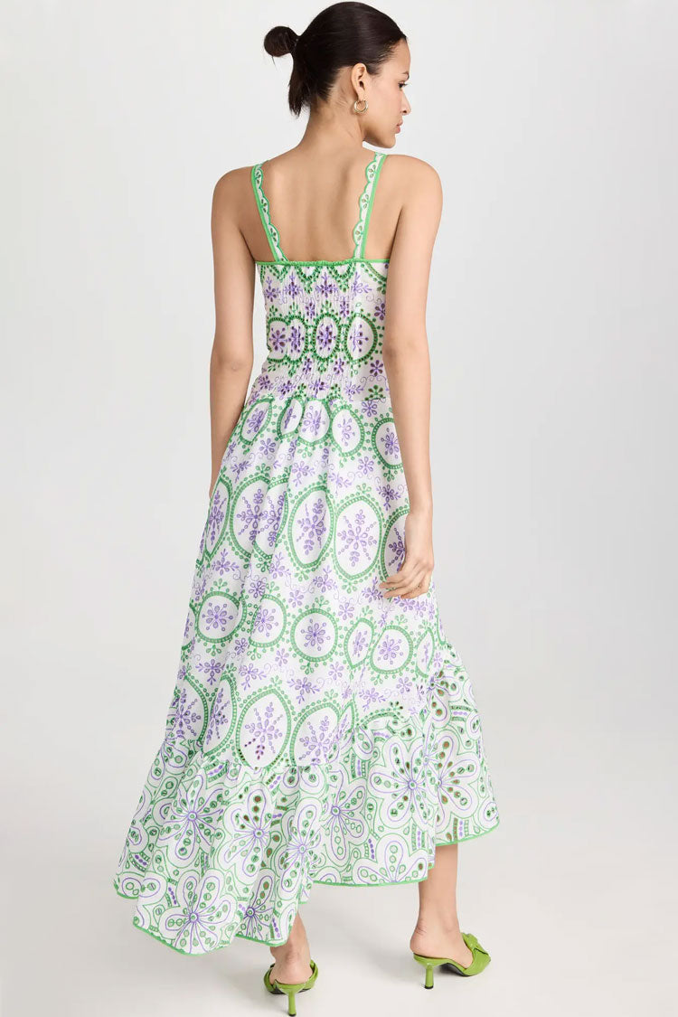 Boho Chic Button Up Floral Broderie Anglaise Ruffle Midi Sundress - Green