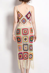 Boho Chic Fringe Granny Square Crochet Knit Two Piece Midi Dress - Apricot