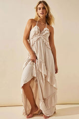 Boho Chic Halter Backless Empire Waist Ruffle Tiered Beach Vacation Maxi Dress