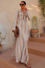 Boho Collared V Neck Split Wavy Striped Crochet Beach Vacation Maxi Dress - Brown