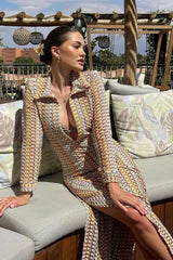 Boho Collared V Neck Split Wavy Striped Crochet Beach Vacation Maxi Dress - Brown