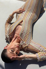 Boho Collared V Neck Split Wavy Striped Crochet Beach Vacation Maxi Dress - Brown
