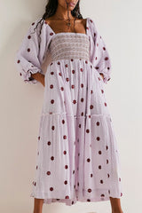 Boho Floral Embroidered Puff Sleeve Tiered Smock Beach Vacation Midi Dress