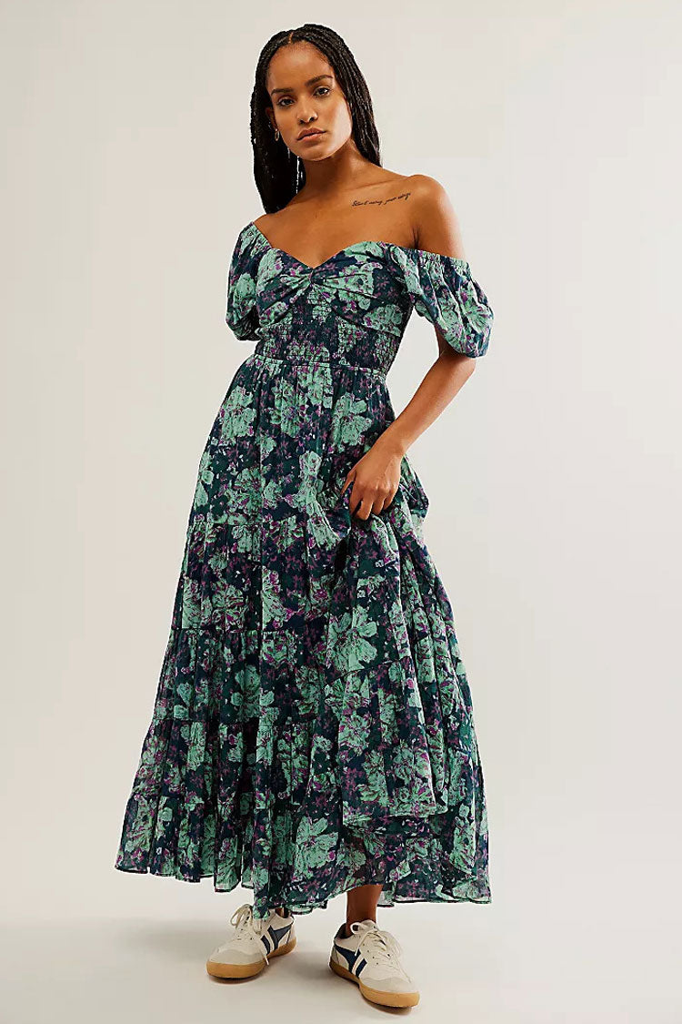 Boho Floral Patchwork Ruched Bustier Shirred Tiered Vacation Maxi Dress