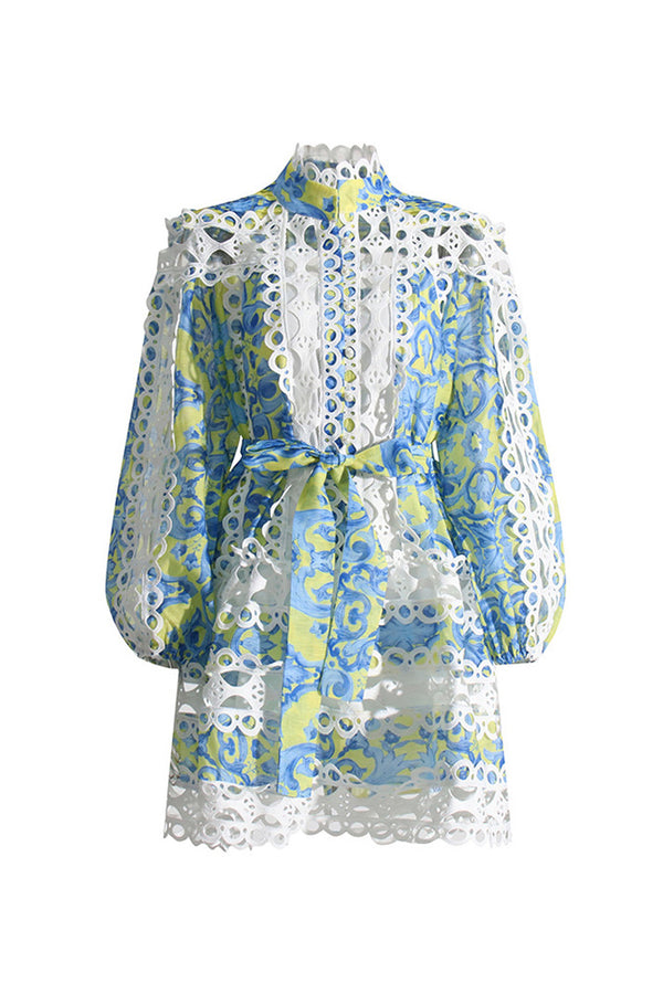 Boho Floral Scalloped Cutout Lace Bishop Sleeve Belted Mini Shirt Dress