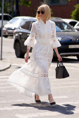 Boho Floral Scalloped Cutout Lace Button Up Maxi Skirt Two Piece Dress