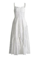 Boho Scalloped Eyelet Floral Broderie Anglaise Button Up Ruffle Midi Sundress