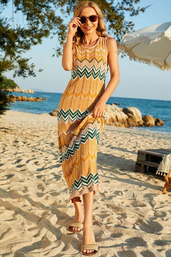 Boho Striped Semi Sheer Crochet Knit Beach Vacation Midi Sundress - Orange