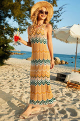 Boho Striped Semi Sheer Crochet Knit Beach Vacation Midi Sundress - Orange