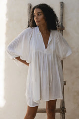 Boho Tie Neck Balloon Sleeve Linen Blend Babydoll Beach Vacation Mini Dress