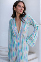 Boho V Neck Bell Sleeve Wavy Striped Crochet Beach Vacation Maxi Dress - Blue
