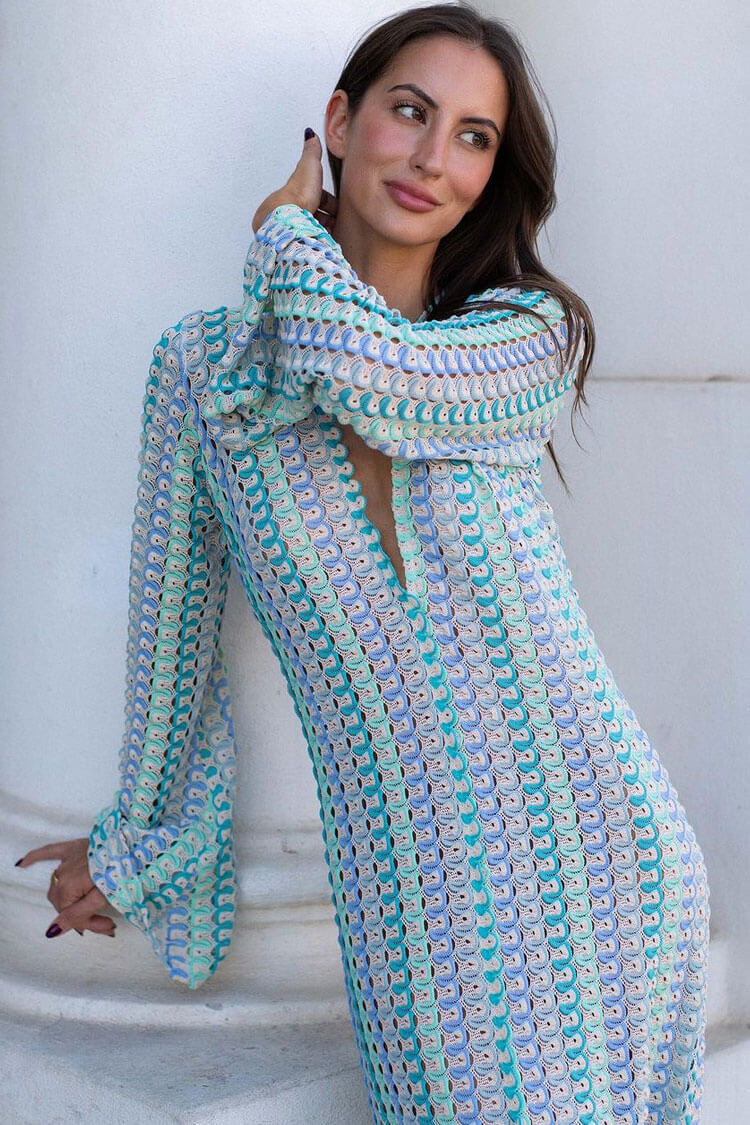 Boho V Neck Bell Sleeve Wavy Striped Crochet Beach Vacation Maxi Dress - Blue