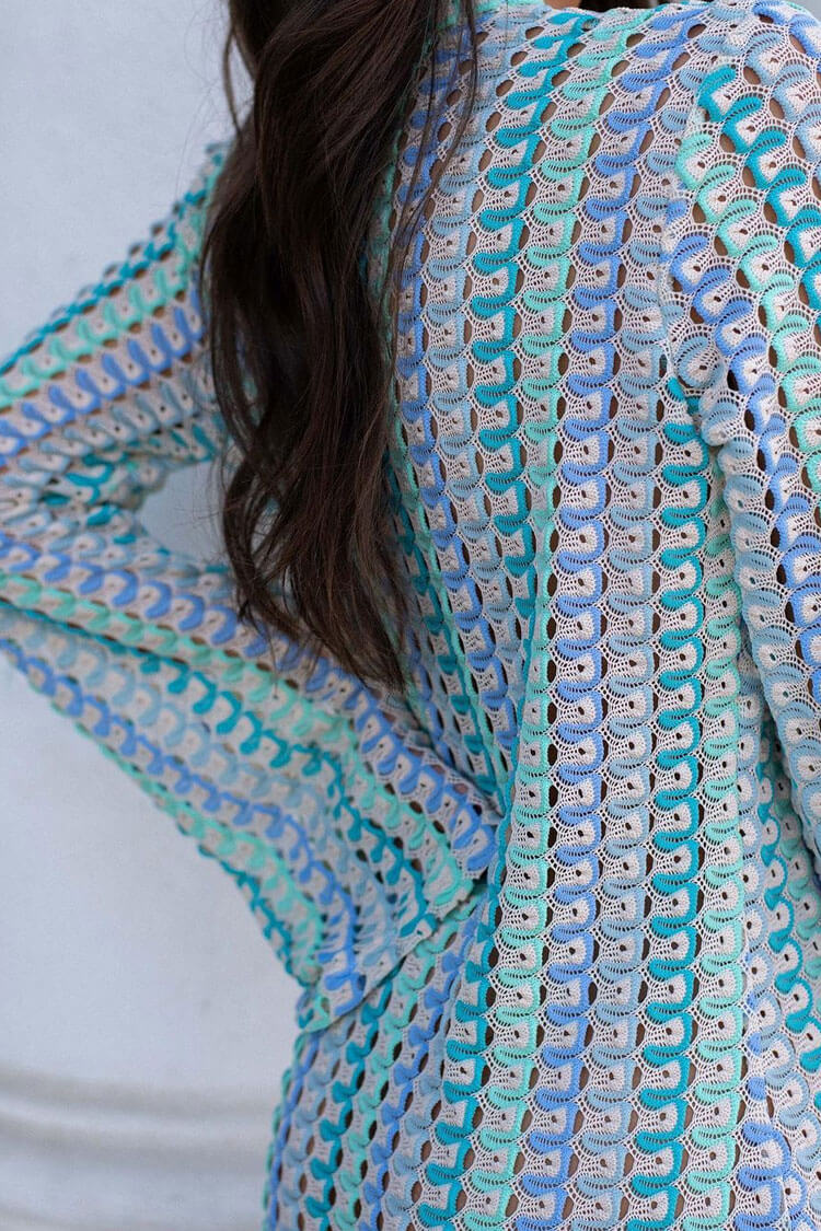 Boho V Neck Bell Sleeve Wavy Striped Crochet Beach Vacation Maxi Dress - Blue
