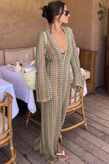 Boho V Neck Bell Sleeve Wavy Striped Crochet Beach Vacation Maxi Dress - Brown