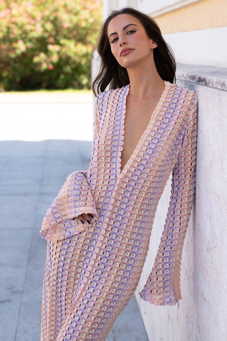 Boho V Neck Bell Sleeve Wavy Striped Crochet Beach Vacation Maxi Dress - Purple