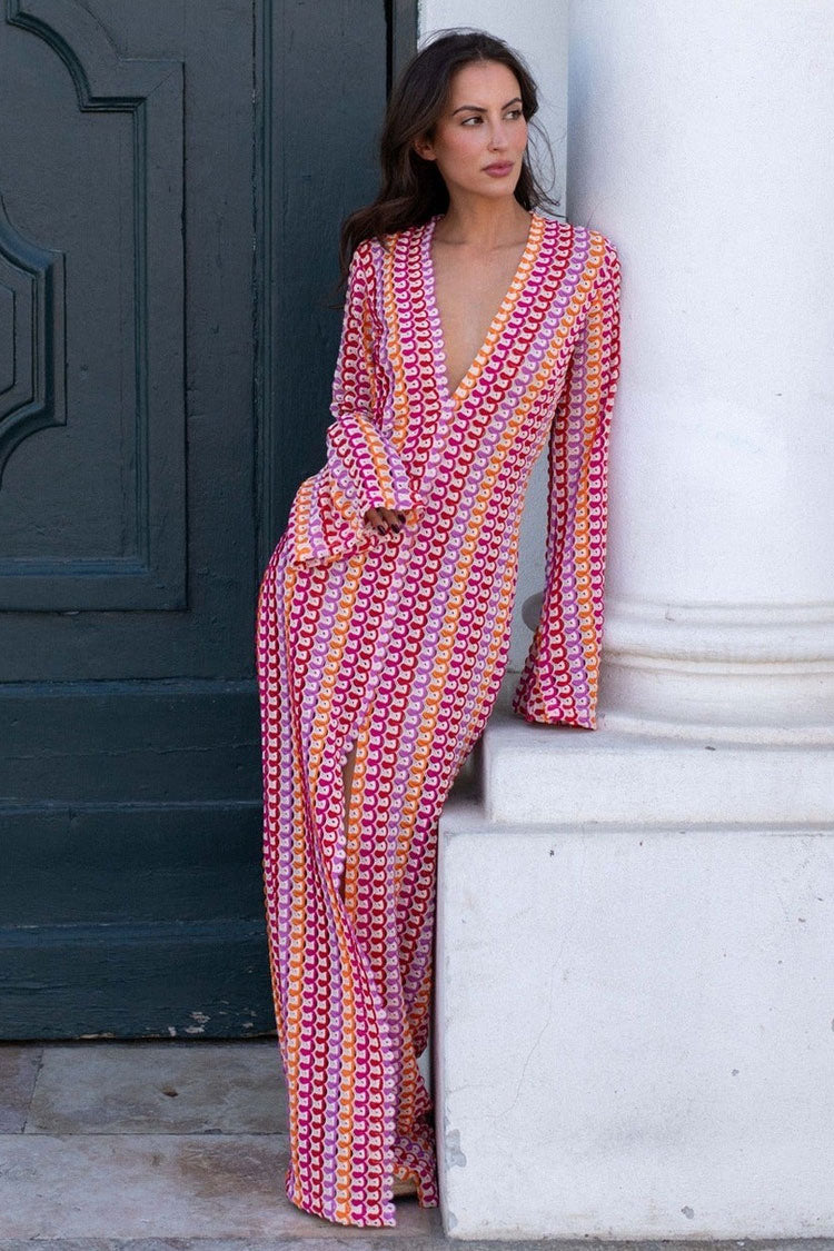 Boho V Neck Bell Sleeve Wavy Striped Crochet Beach Vacation Maxi Dress - Red