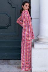 Boho V Neck Bell Sleeve Wavy Striped Crochet Beach Vacation Maxi Dress - Red