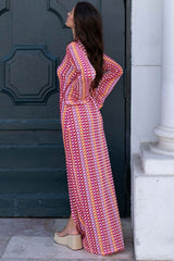 Boho V Neck Bell Sleeve Wavy Striped Crochet Beach Vacation Maxi Dress - Red
