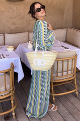 Boho V Neck Bell Sleeve Wavy Striped Crochet Beach Vacation Maxi Dress - Yellow
