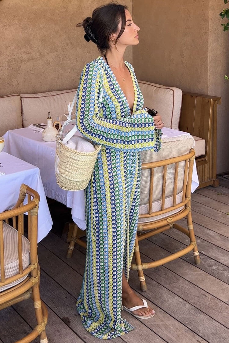 Boho V Neck Bell Sleeve Wavy Striped Crochet Beach Vacation Maxi Dress - Yellow