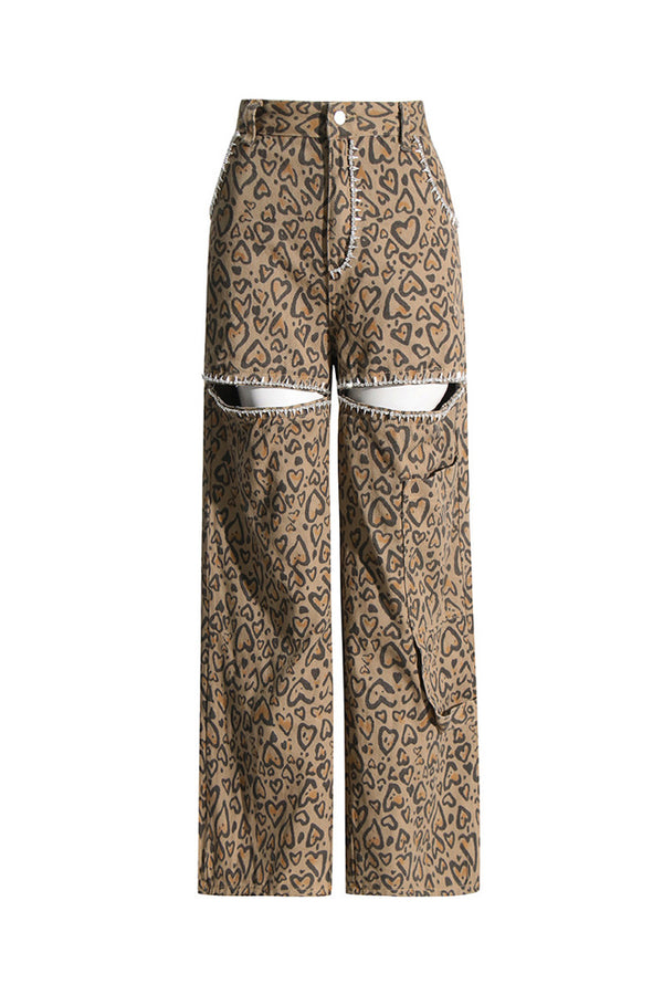 Bold Leopard Heart Rhinestone Pointed Cutout High Waist Straight Leg Jeans