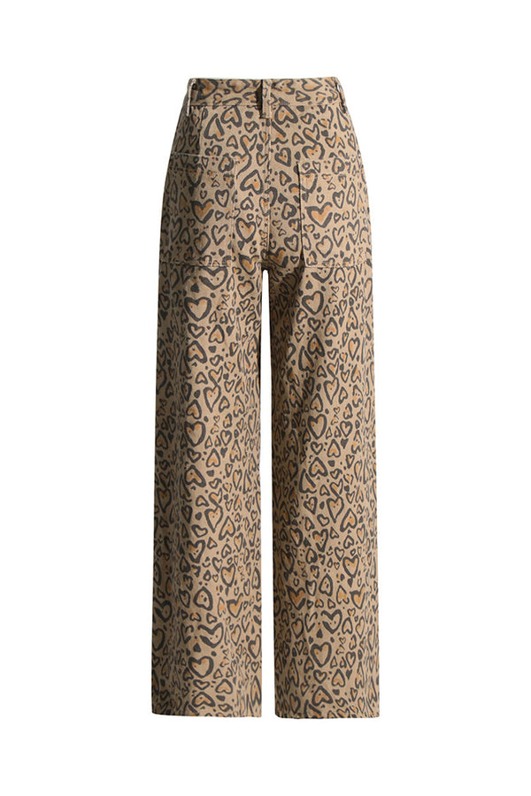 Bold Leopard Heart Rhinestone Pointed Cutout High Waist Straight Leg Jeans