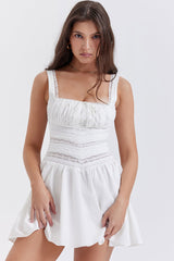 Breezy Lace Trim Square Neck Fit & Flare Summer Mini Sundress - White