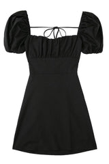 Breezy Ruched Square Neck Puff Sleeve Lace Up Back Party Mini Dress - Black