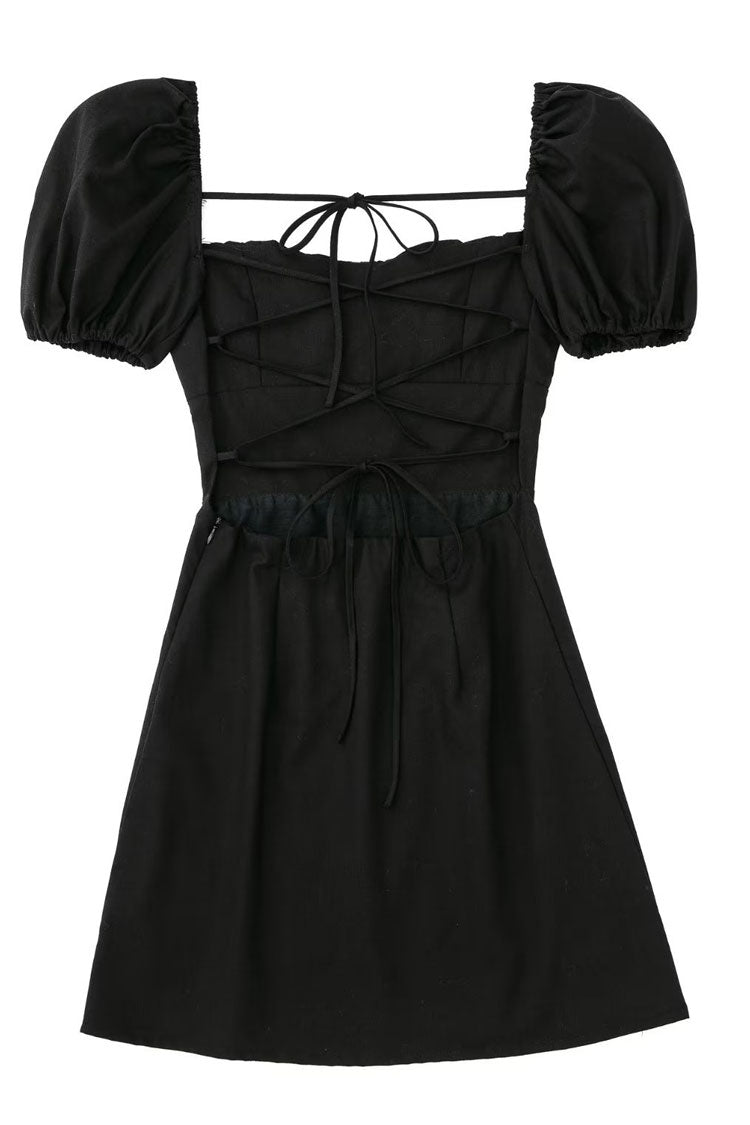 Breezy Ruched Square Neck Puff Sleeve Lace Up Back Party Mini Dress - Black