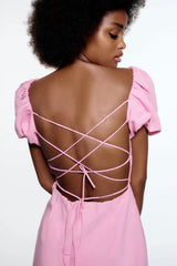 Breezy Ruched Square Neck Puff Sleeve Lace Up Back Party Mini Dress - Pink
