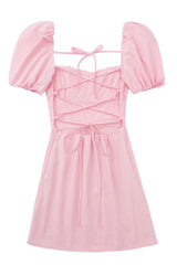 Breezy Ruched Square Neck Puff Sleeve Lace Up Back Party Mini Dress - Pink