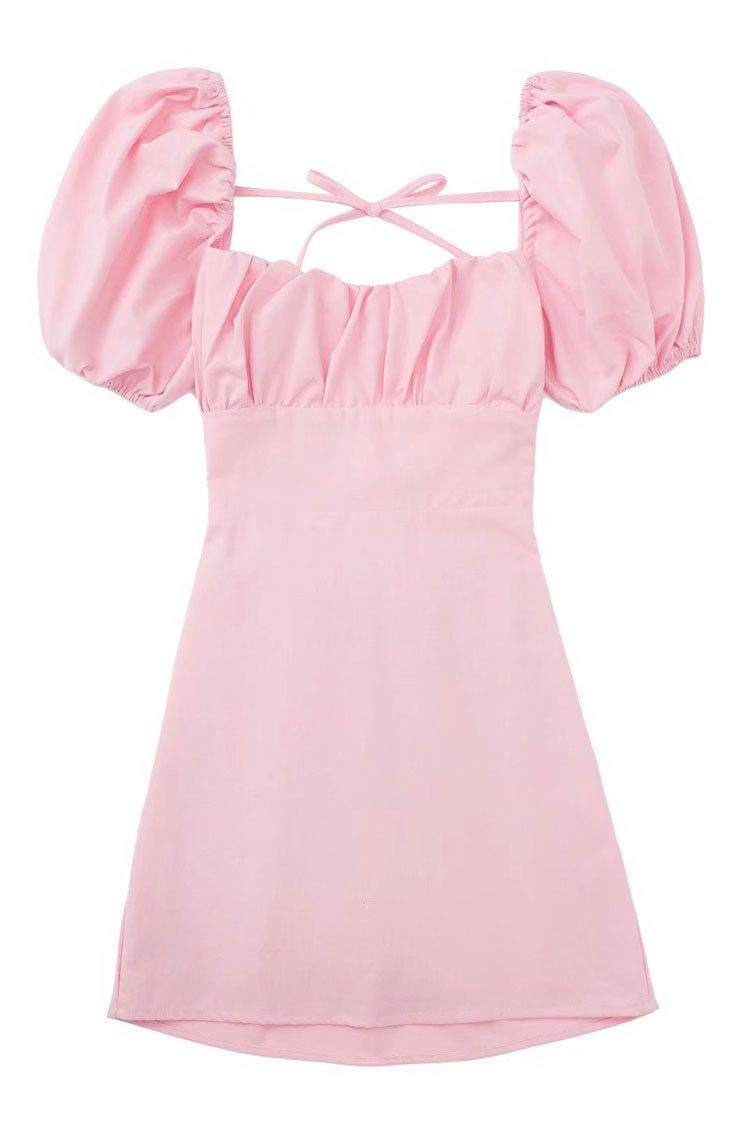 Breezy Ruched Square Neck Puff Sleeve Lace Up Back Party Mini Dress - Pink