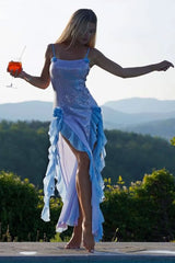 Breezy Ruffle High Split Rosette Trim Sheer Sequin Evening Maxi Dress - Sky Blue