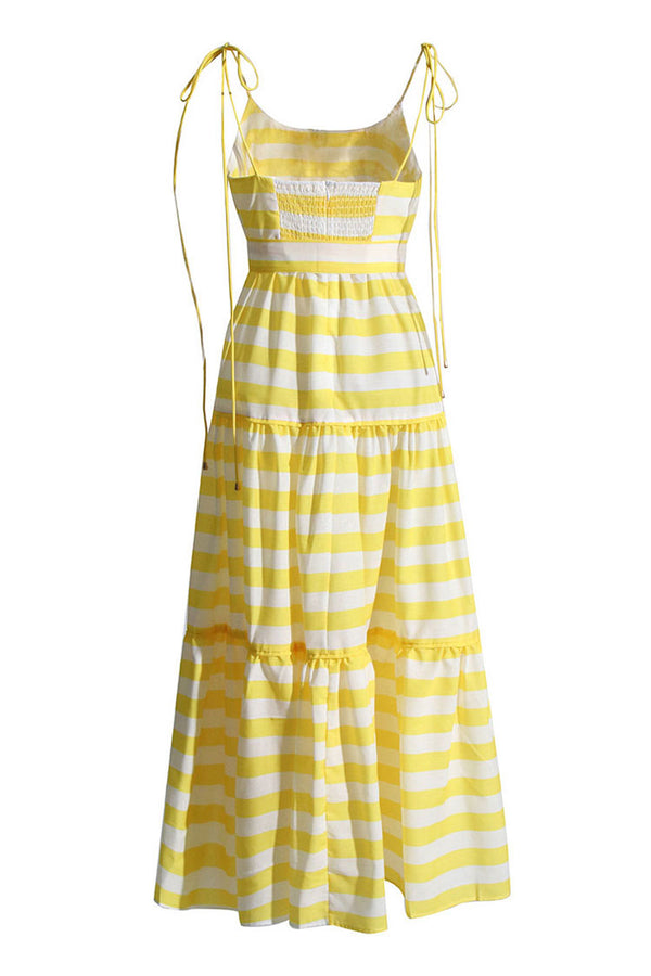Breezy Scoop Neck Tie Strap Belted Ruched Summer Striped Maxi Sundress