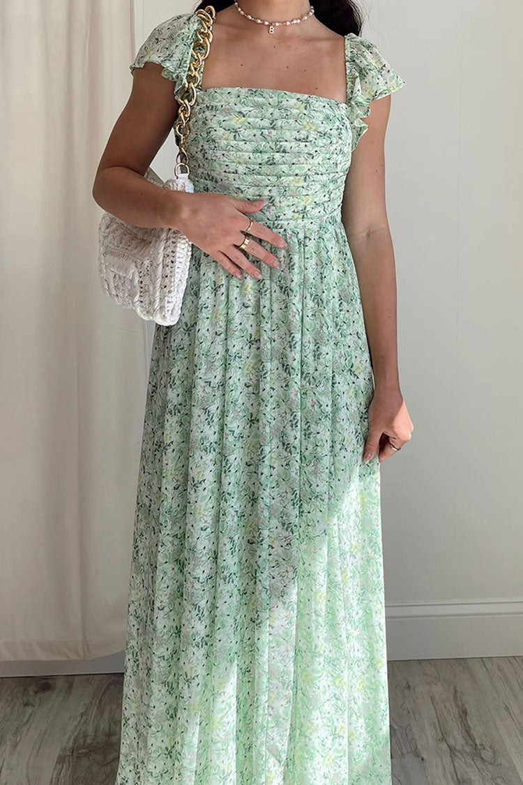 Breezy Square Neck Pleated Fit & Flare Split Floral Printed Midi Dress - Green