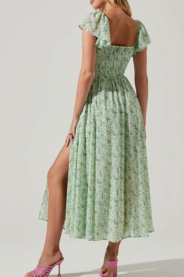 Breezy Square Neck Pleated Fit & Flare Split Floral Printed Midi Dress - Green