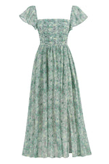 Breezy Square Neck Pleated Fit & Flare Split Floral Printed Midi Dress - Green